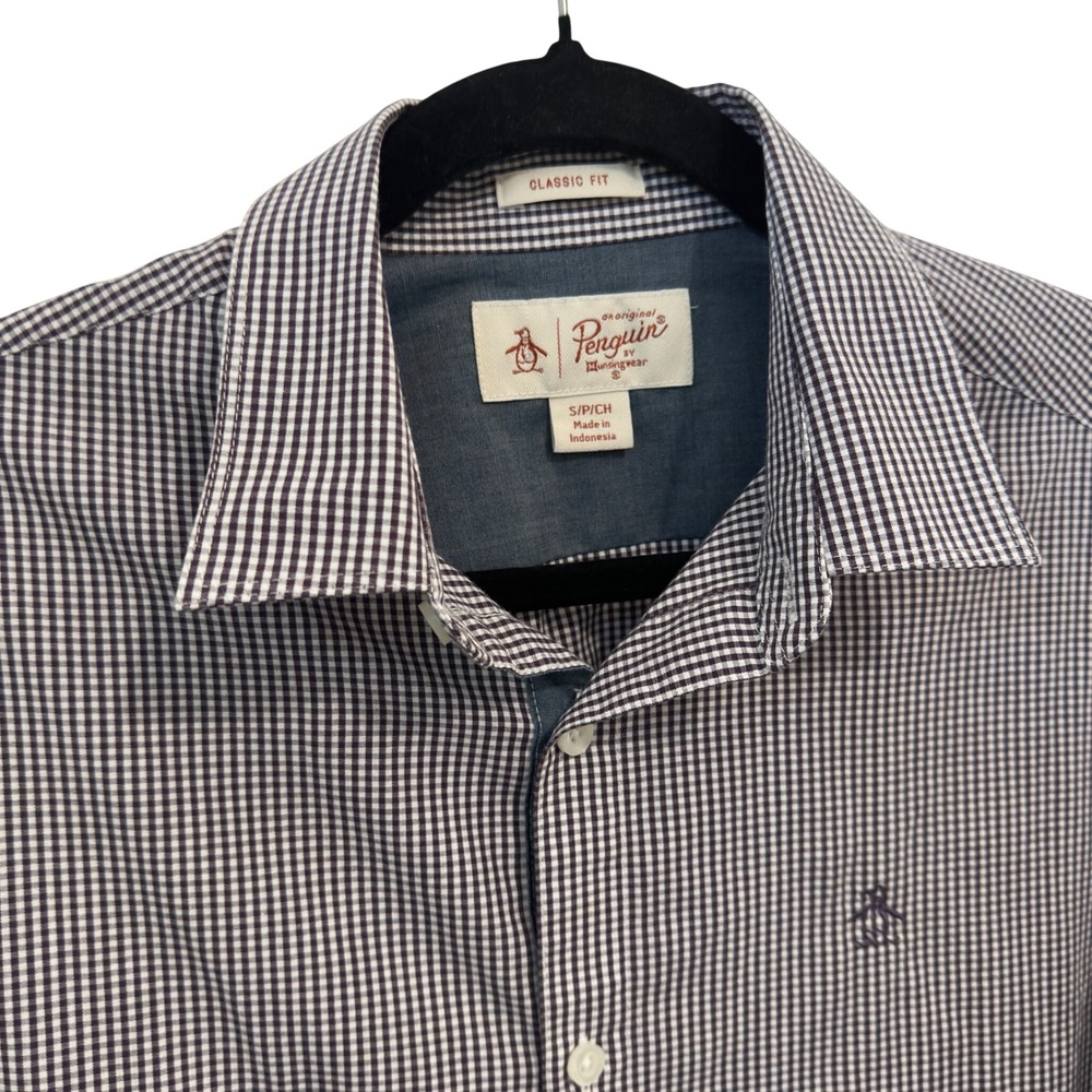 Original Penguin Button Down Shirt Navy Blue Gingham Check Classic Fit Small S